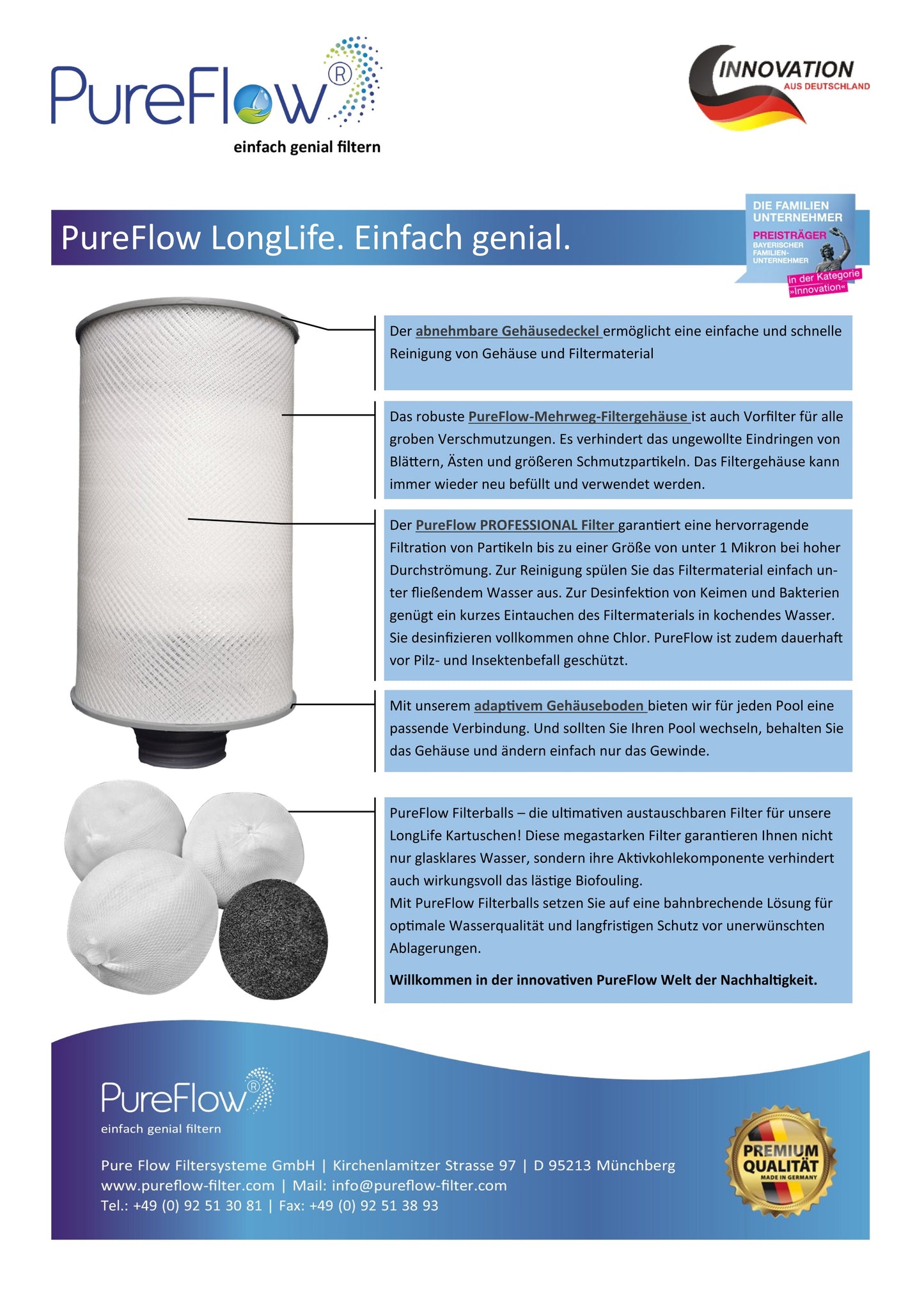 PureFlow LongLife Kartuschenfilter: Mehrweg-Filtergehäuse mit adaptiven Gehäuseboden für jeden Pool. Filterballs austauschbar, hohe Trennschärfe – Filtration unter 1 Mikron. Herstellerunabhängig, reduziert Müll, spart Kosten. Inkl PureFlow Aktivkohle.