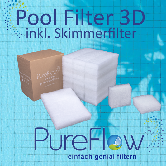 PureFlow POOLFILTER 3D inkl. SKIMMER. Ausgezeichnetes Poolfiltermaterial inkl. Skimmer zur Vorfiltration. Die Kombination für erstklassige Wasserqualität. Langlebig, rückspülbar - für alle gängigen Filteranlagen.