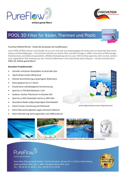 PureFlow POOLFILTER 3D + SKIMMER Der geniale Poolfilter für alle Filterkessel. 100gr ersetzen 10kg Sand/Glas. Kristallklares Wasser, umweltschonend, langlebig, rückspülbar, mit herausragender Filterleistung ohne Strömungsverlust.
