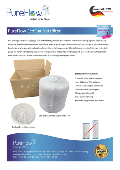 PureFlow NET - Pool Netzfilter. Herstellerunabhängige Alternative zu Kartuschen von Bestway und Intex. Äußerst effiziente Filtration gegenüber Standardkartuschen. Langlebig, umweltschonend, waschbar. Reduziert den Einsatz von Chemie.