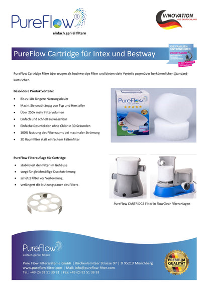 PureFlow CARTRIDGE Filter: Der innovative, waschbare Kartuschenfilter mit max. Filterleistung, Durchströmung und effizienter Filtration. Kompatibel zu Flowclear, Intex, Bestway usw. aber 250fach höheres Filtervolumen. Desinfektion ohne Chlor.
