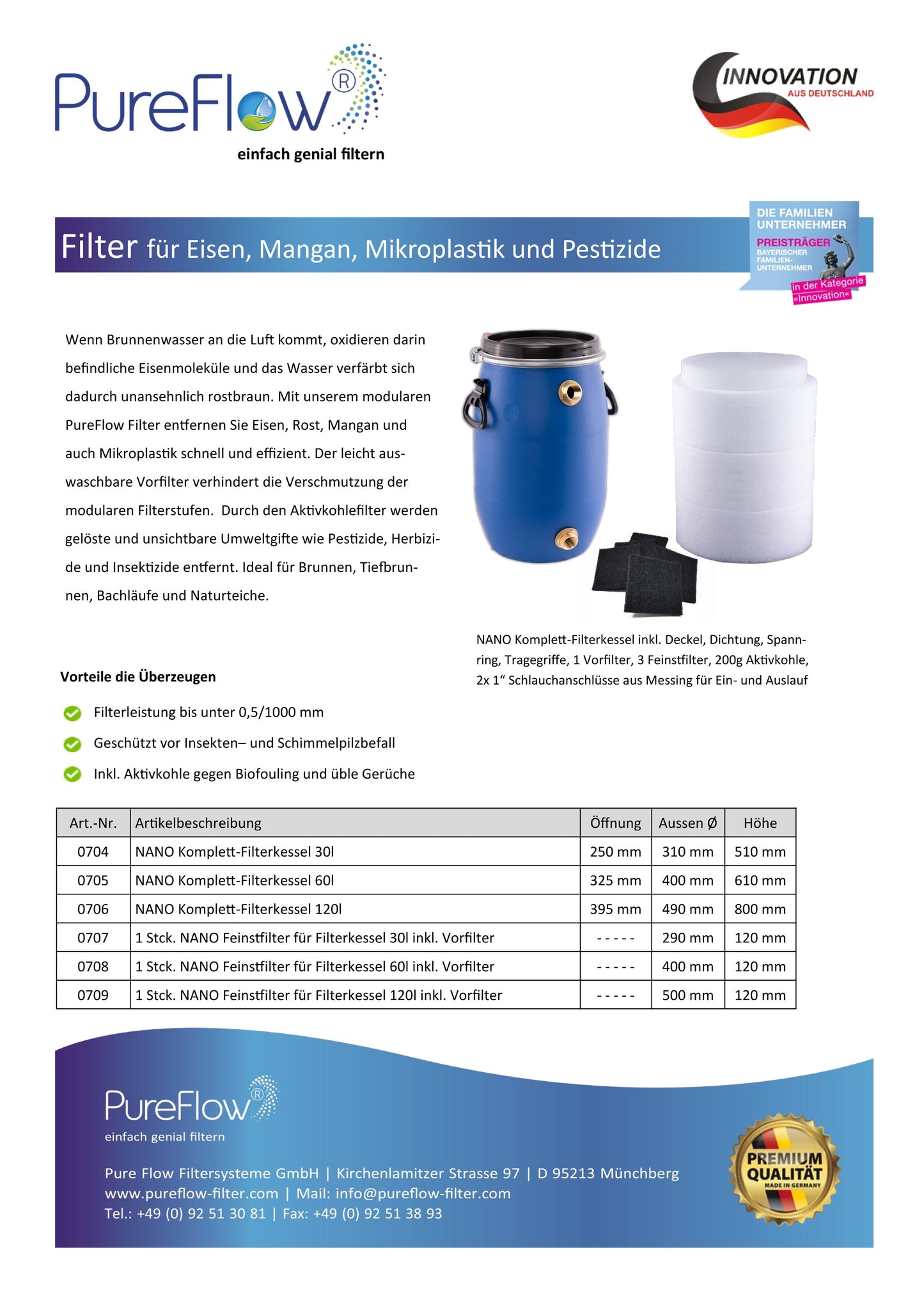 PureFlow NANOFILTER. Filter für Brunnenwasser. Verhindert die Verschmutzung durch Rost, Mangan und Mikroplastik. Gegen Geruchsbildung durch Biofouling.