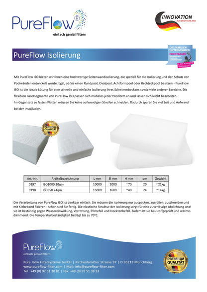 PureFlow ISO Seitenwandisolierung: unabhängig von der Poolform, starke Wärmedämmung. Beständig gegen Feuchtigkeit, Pilze und Insekten. Baustoffgeprüft. Erhältlich in zwei Abmessungen.