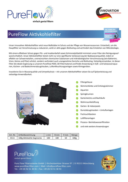 PureFlow 100g AKTIVKOHLE. Aktivkohle-Filtersegmente reduzieren Schwermetalle, giftige Chemikalien und Verschmutzungen durch Bakterien, Viren, Keime, Pilze sowie Biofouling. 100gr genügen für 320gr PureFlow 3D Poolfilter.
