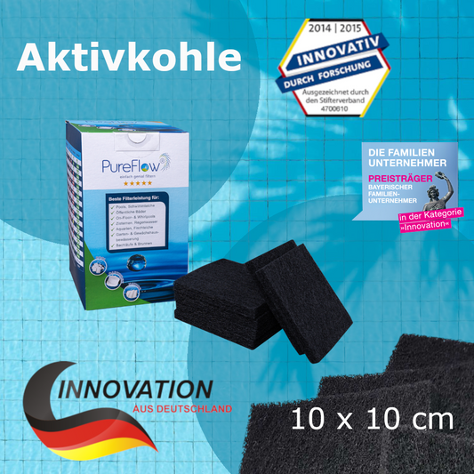 PureFlow activated carbon – 14 activated carbon filters for comprehensive protection. The 10 x 10 cm filter segments are a natural protection against all types of pollution from microbiological size to heavy metals