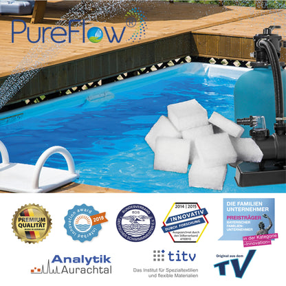 PureFlow POOLFILTER 3D. Der geniale Poolfilter für alle Filterkessel. 90% weniger Chemie. 100gr ersetzen 10 kg Sand oder Glasfiltermaterial. Nachhaltig, rückspülbar, herausragende Filterleistung ohne Strömungsverlust.